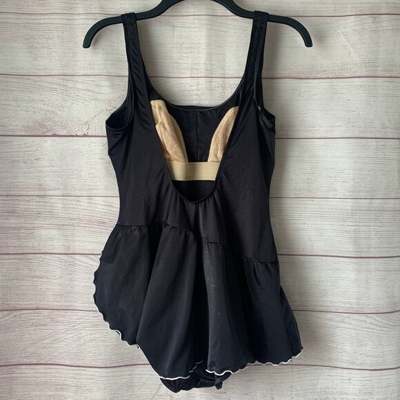 Vintage Black One Piece Skirted Swimsuit or Swimdress White Trim Built-in Cups - Picture 4 of 16